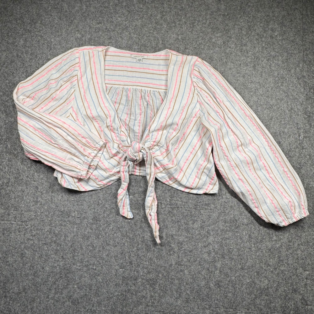 American Eagle Women XL Tie Front Crop Top Stripe Cotton Linen Blouse 3731912249